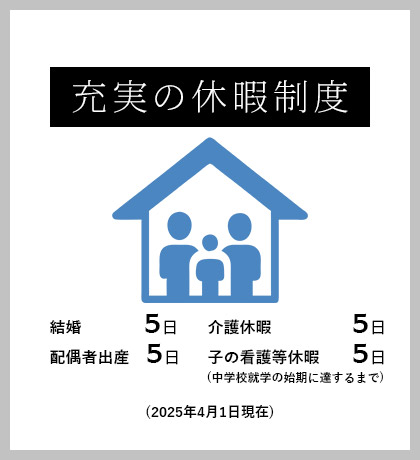充実の休暇制度 結婚/出産/介護休暇/子の看護などの休暇 ５日